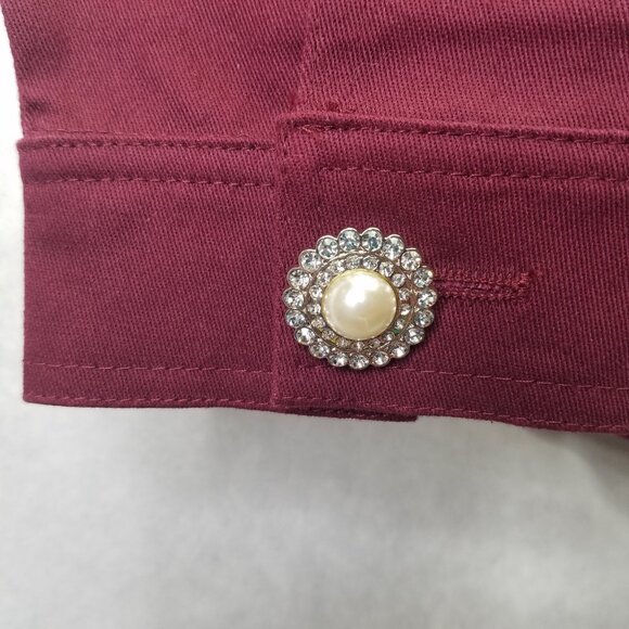 Quacker Factory Denim Jacket Women's M Pearl Rhinestone Embellished Wine Red NEW - Picture 5 of 15